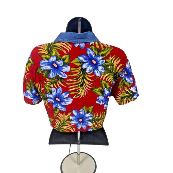 Hawaiian Crop Top Tie Front Button Tropical Cruise Beach M Red Boho Vintage - Picture 6 of 11